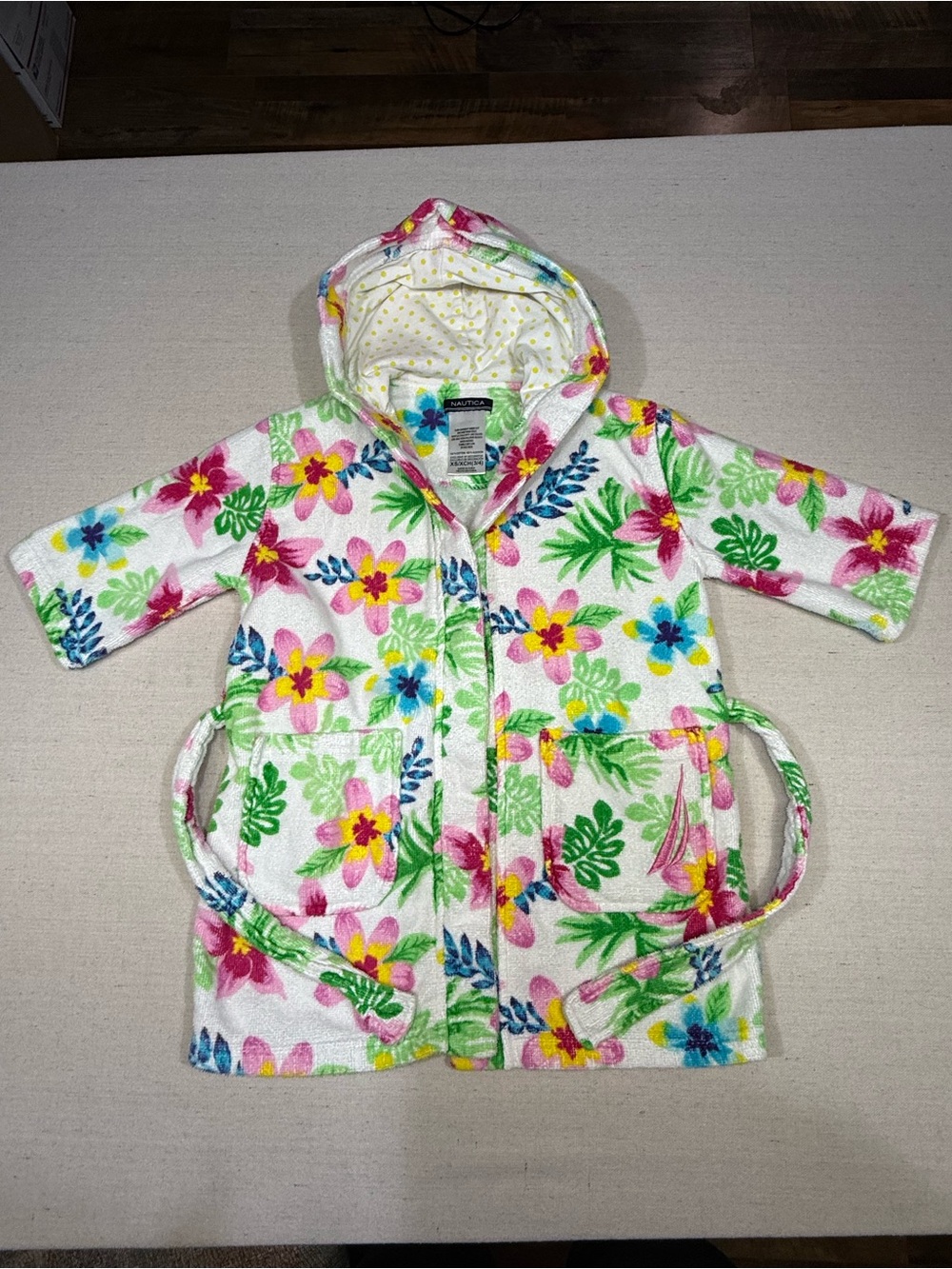 GIRLS NAUTICA MULTI-COLOR FLORAL PRINT HOODED BATH ROBE COVER UP - XS (3/4)